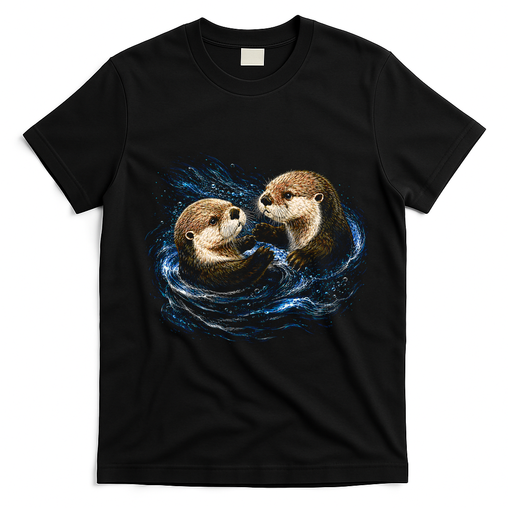 Otters Playing In The Water Fun Wildlife T-Shirt - Black