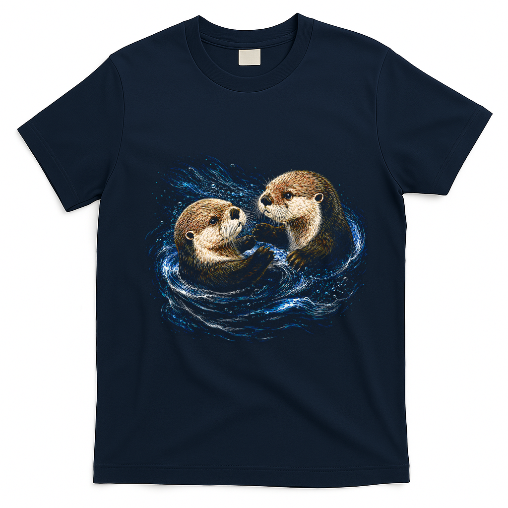 Otters Playing In The Water Fun Wildlife T-Shirt - Navy Blue