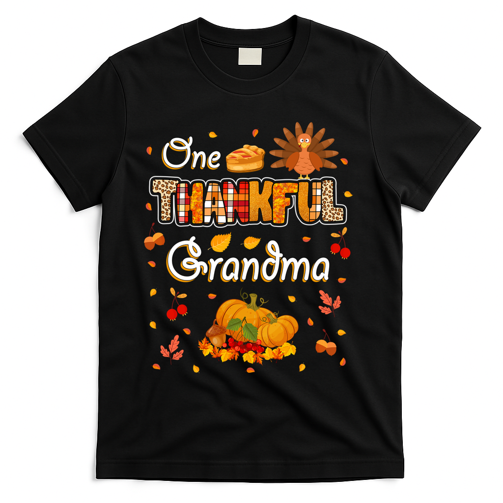 One Thankful Grandma Fall Leaves Autumn Grandma Thanksgiving Gift T-Shirt - Black