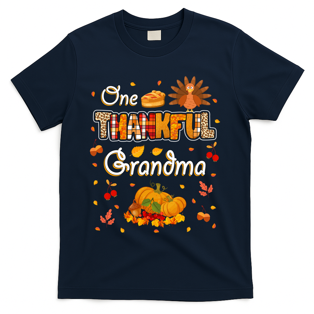 One Thankful Grandma Fall Leaves Autumn Grandma Thanksgiving Gift T-Shirt - Navy