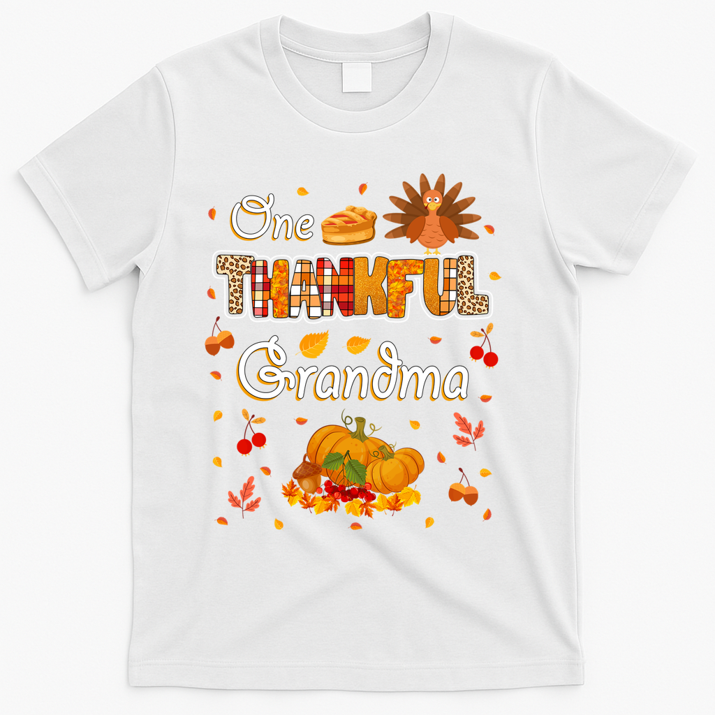 One Thankful Grandma Fall Leaves Autumn Grandma Thanksgiving Gift T-Shirt - White