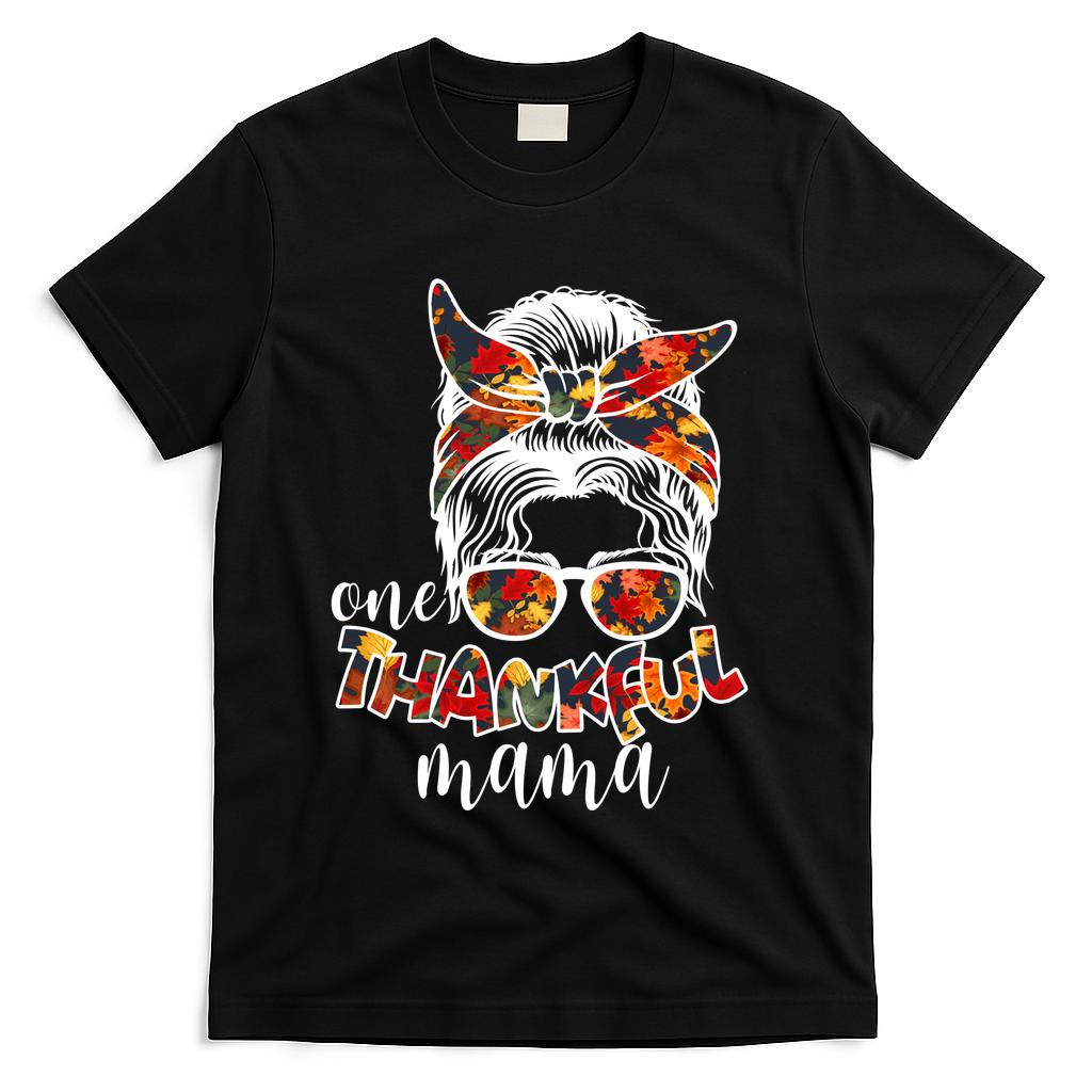 One Thankful Mama Fall Hair Bun T-Shirt - Black