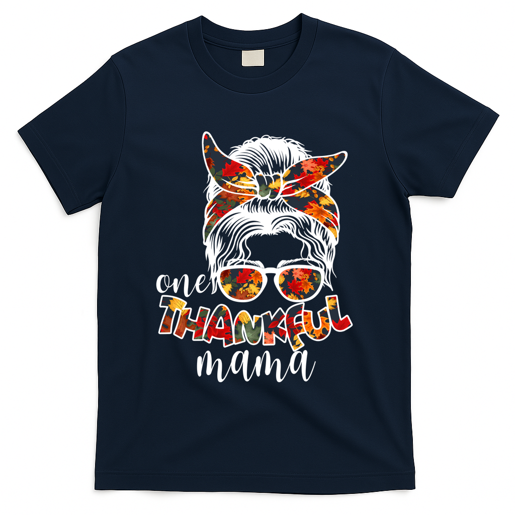 One Thankful Mama Fall Hair Bun T-Shirt - Navy