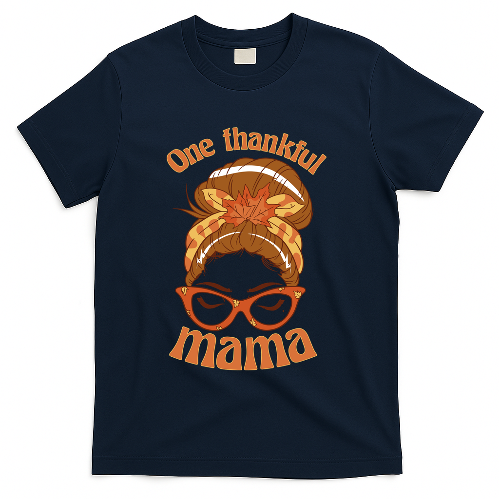 One Thankful Mama Autumn Festive Hair Bun T-Shirt - Navy