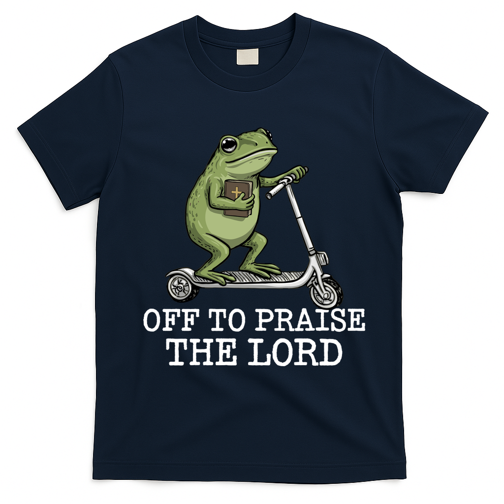 Off To Praise The Lord Funny Christian Frog Meme T-Shirt - Navy Blue