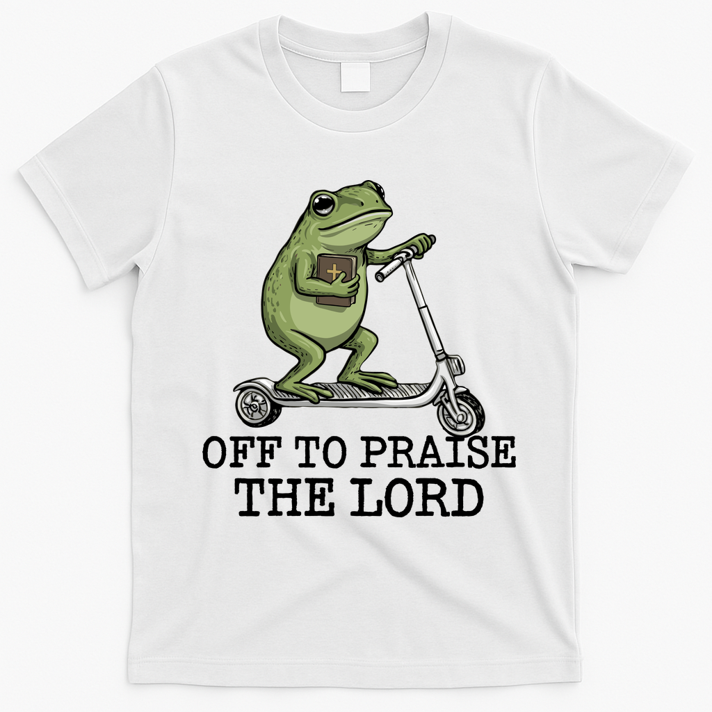 Off To Praise The Lord Funny Christian Frog Meme T-Shirt - White