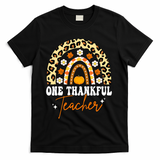 One Thankful Teacher Thanksgiving Fall Autumn Groovy Leopard T-Shirt - Black