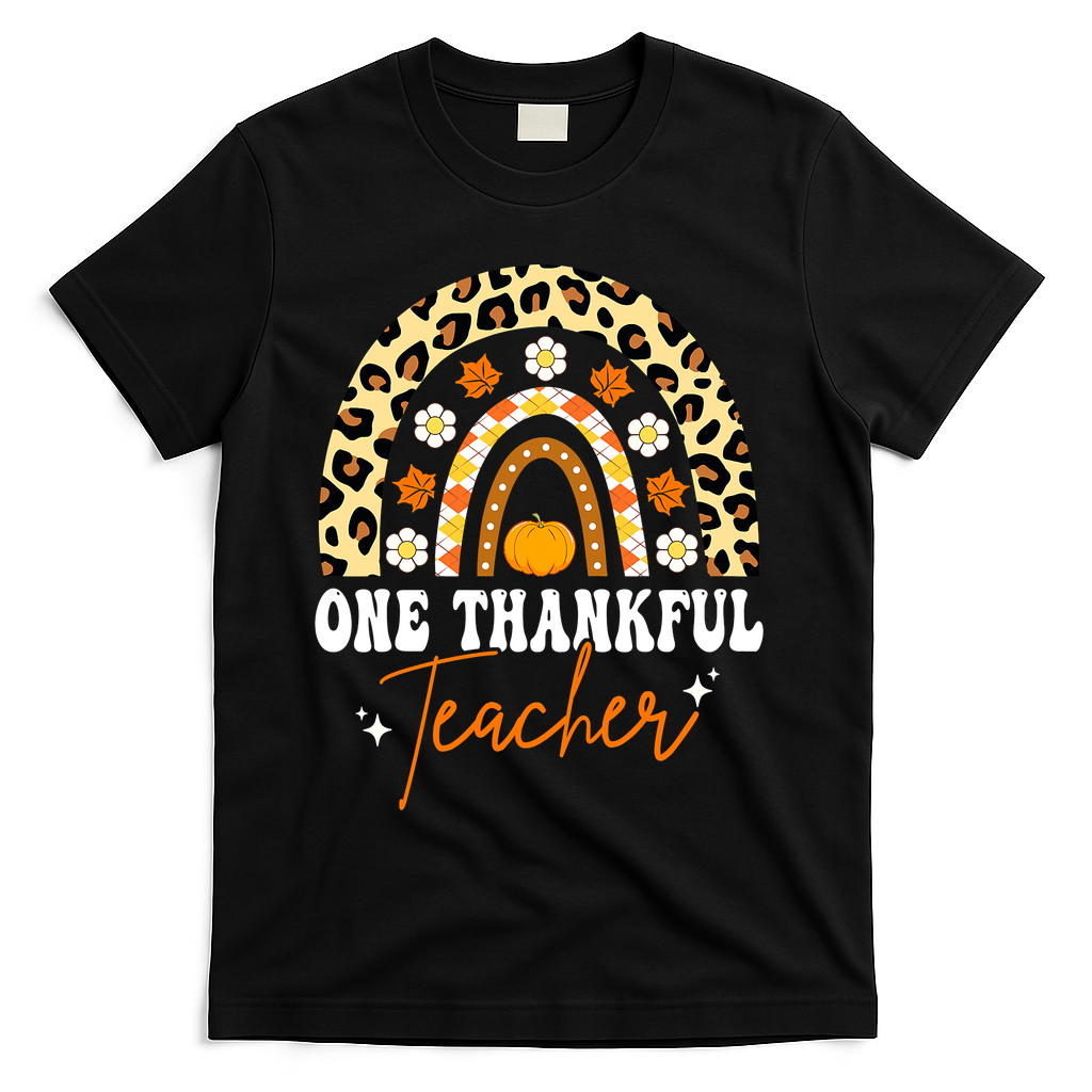 One Thankful Teacher Thanksgiving Fall Autumn Groovy Leopard T-Shirt - Black