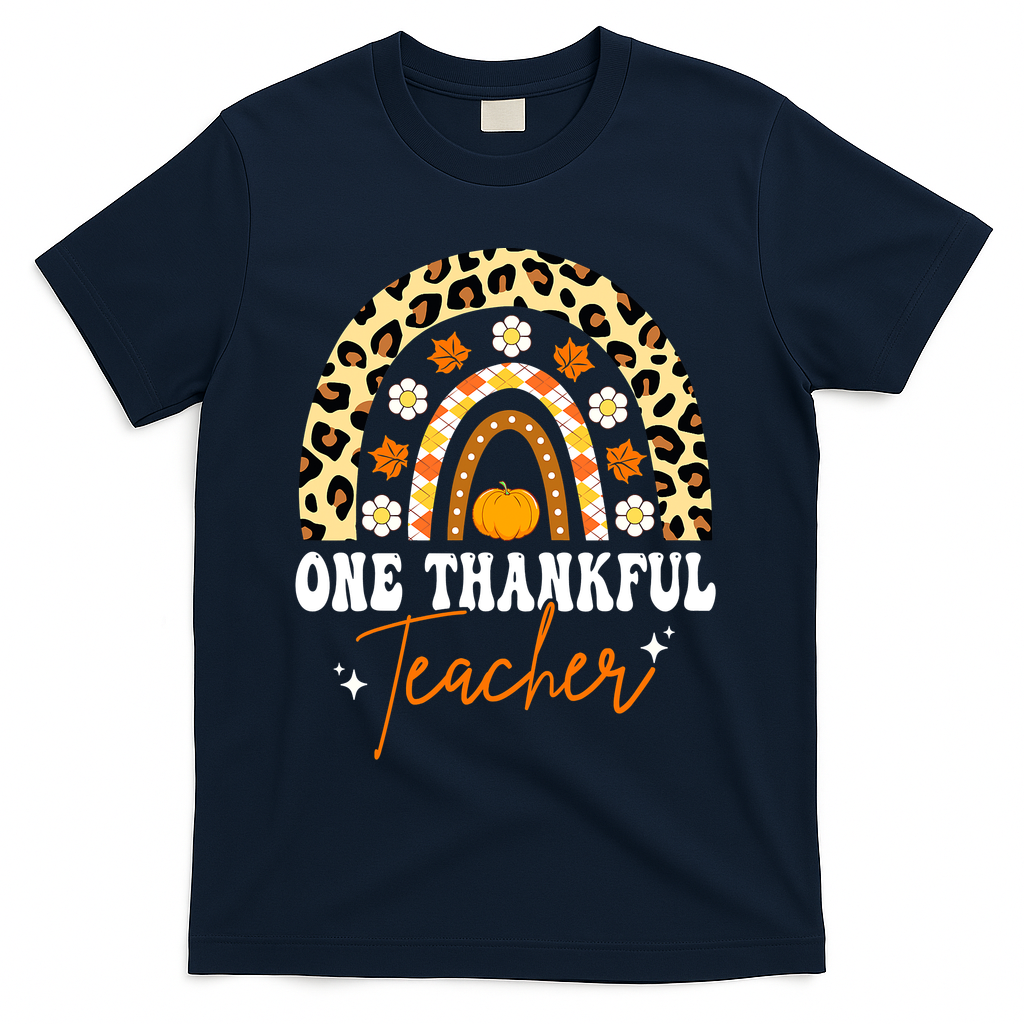 One Thankful Teacher Thanksgiving Fall Autumn Groovy Leopard T-Shirt - Navy