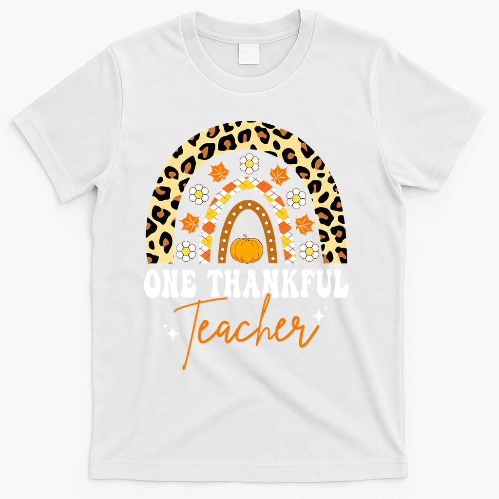 One Thankful Teacher Thanksgiving Fall Autumn Groovy Leopard T-Shirt - White