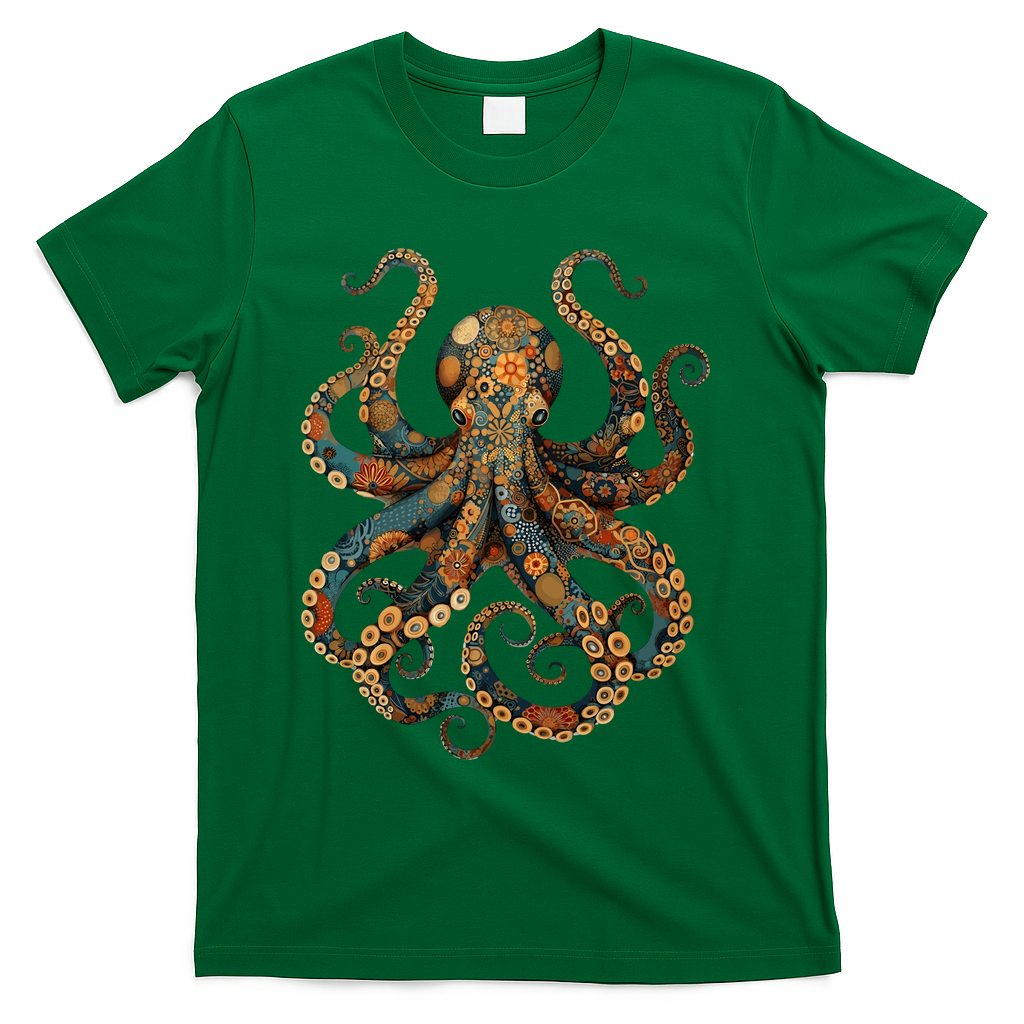 Octopus Vintage Floral Patterns Ocean T-Shirt - Green