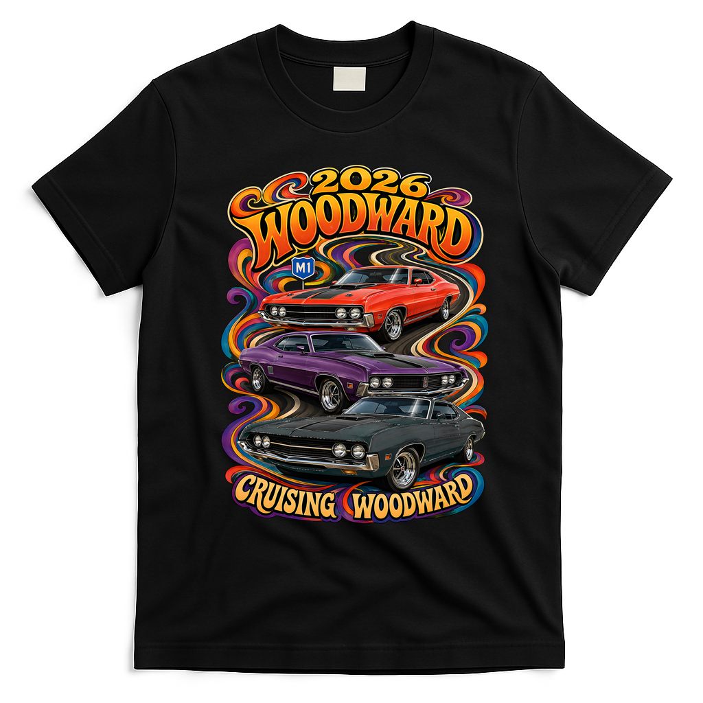 Psychedelic 2026 Woodward Cruising 1970s Muscle Cars T-Shirt - Black