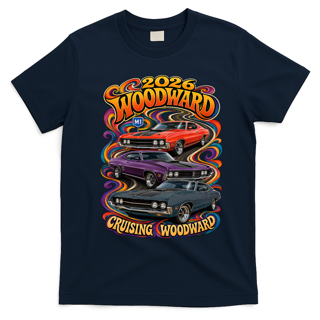 Psychedelic 2026 Woodward Cruising 1970s Muscle Cars T-Shirt - Navy Blue