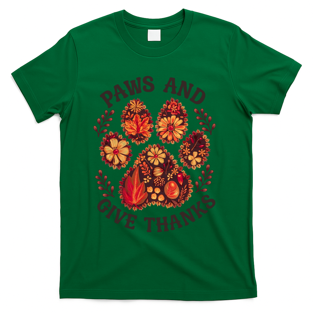 Paws And Give Thanks Dog Paw Floral Thanksgiving Day Autumn T-Shirt - Green