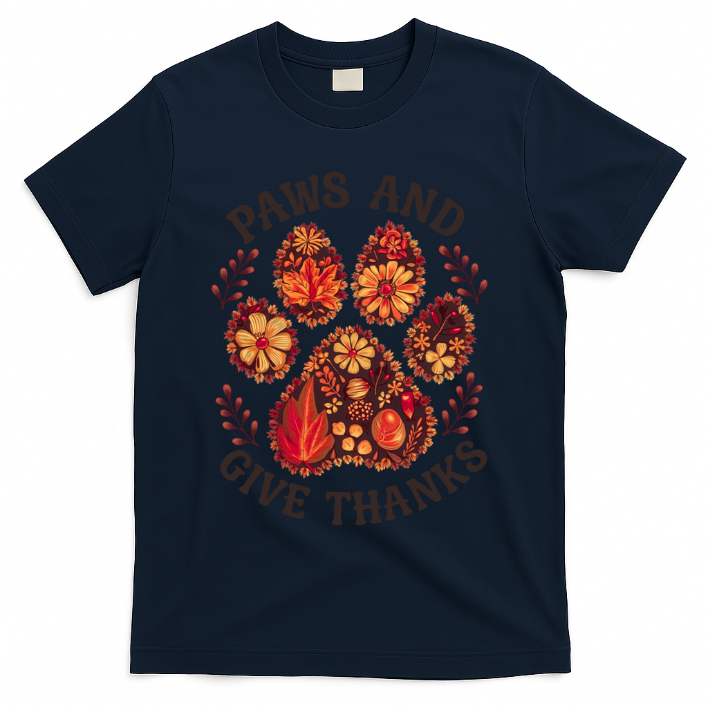Paws And Give Thanks Dog Paw Floral Thanksgiving Day Autumn T-Shirt - Navy
