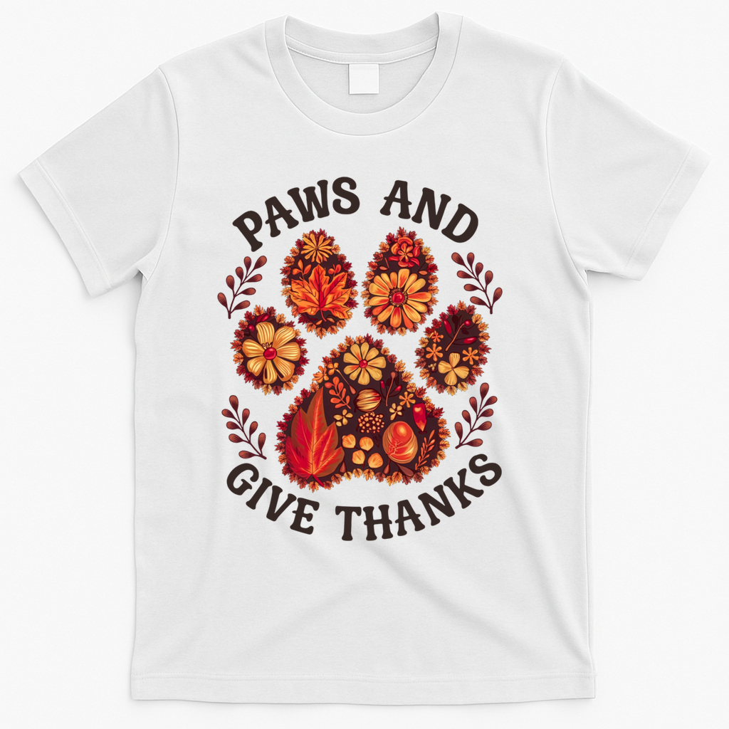 Paws And Give Thanks Dog Paw Floral Thanksgiving Day Autumn T-Shirt - White