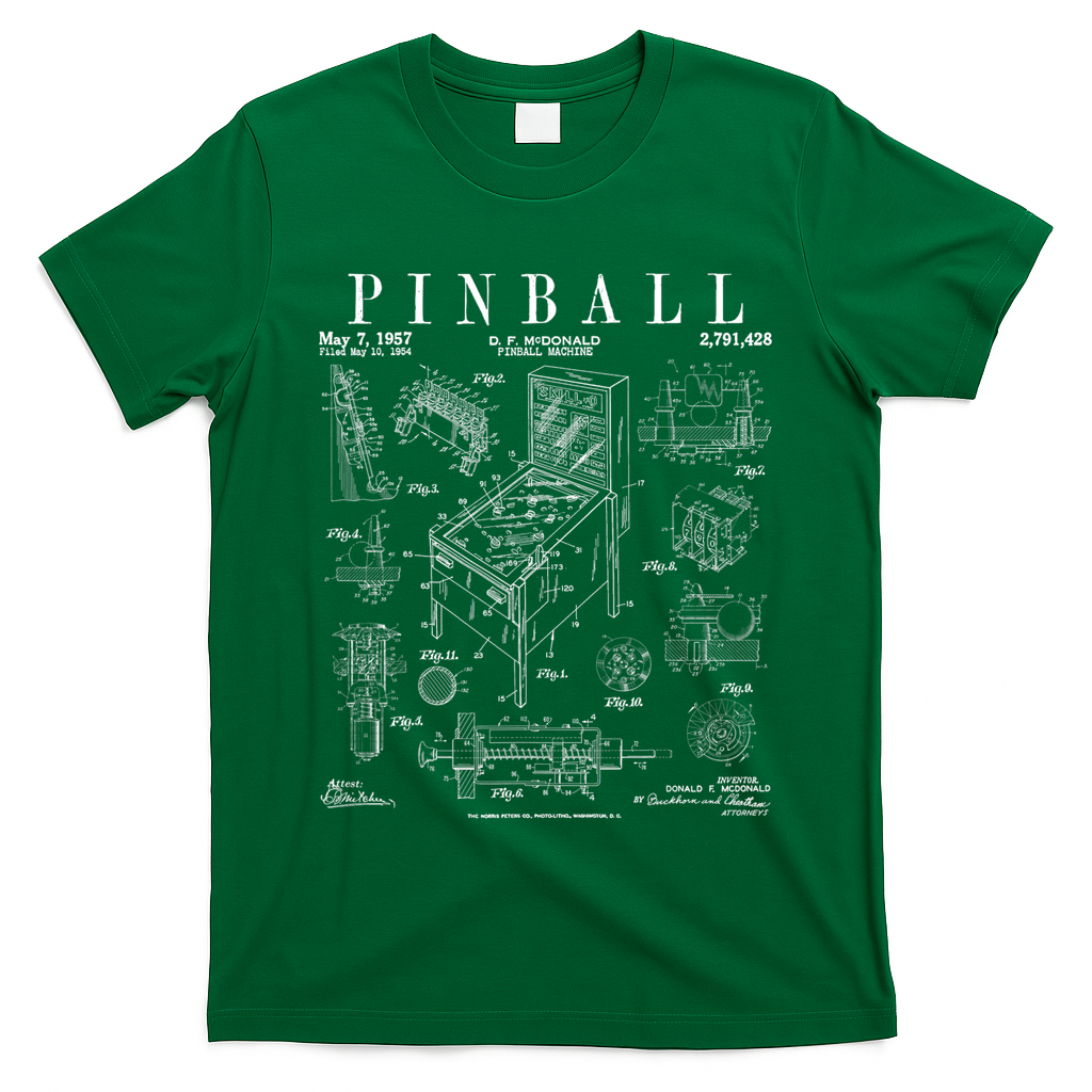 Pinball Arcade Gaming Machine Vintage Gamer Patent Print T-Shirt