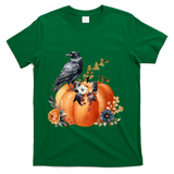 Pretty Autumn Raven Floral Pumpkin Fall Lover T-Shirt - Green