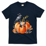 Pretty Autumn Raven Floral Pumpkin Fall Lover T-Shirt - Navy