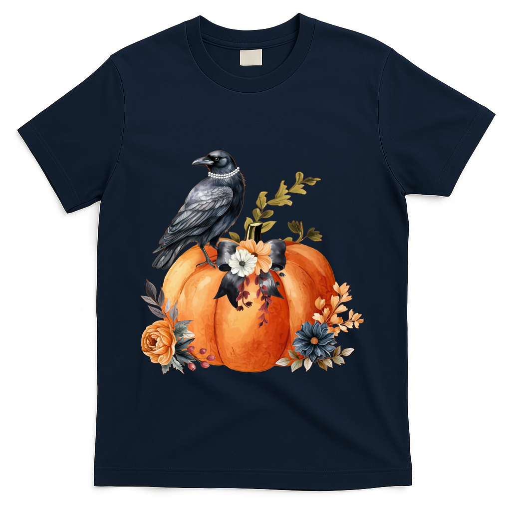 Pretty Autumn Raven Floral Pumpkin Fall Lover T-Shirt - Navy