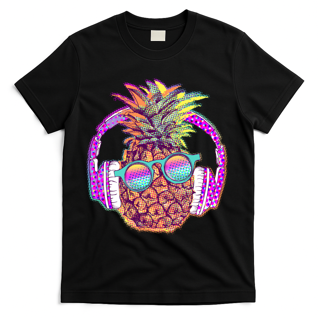 Pop Art Summer Time Headphones Pineapple T-Shirt - Black