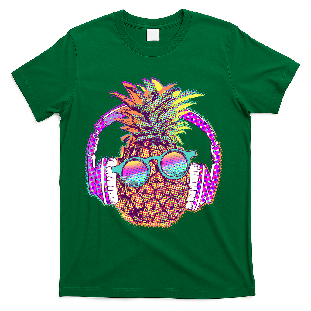 Pop Art Summer Time Headphones Pineapple T-Shirt - Green