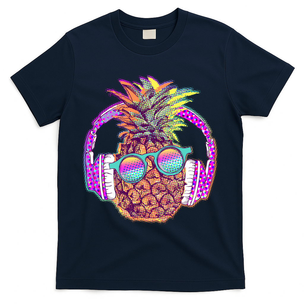Pop Art Summer Time Headphones Pineapple T-Shirt - Navy