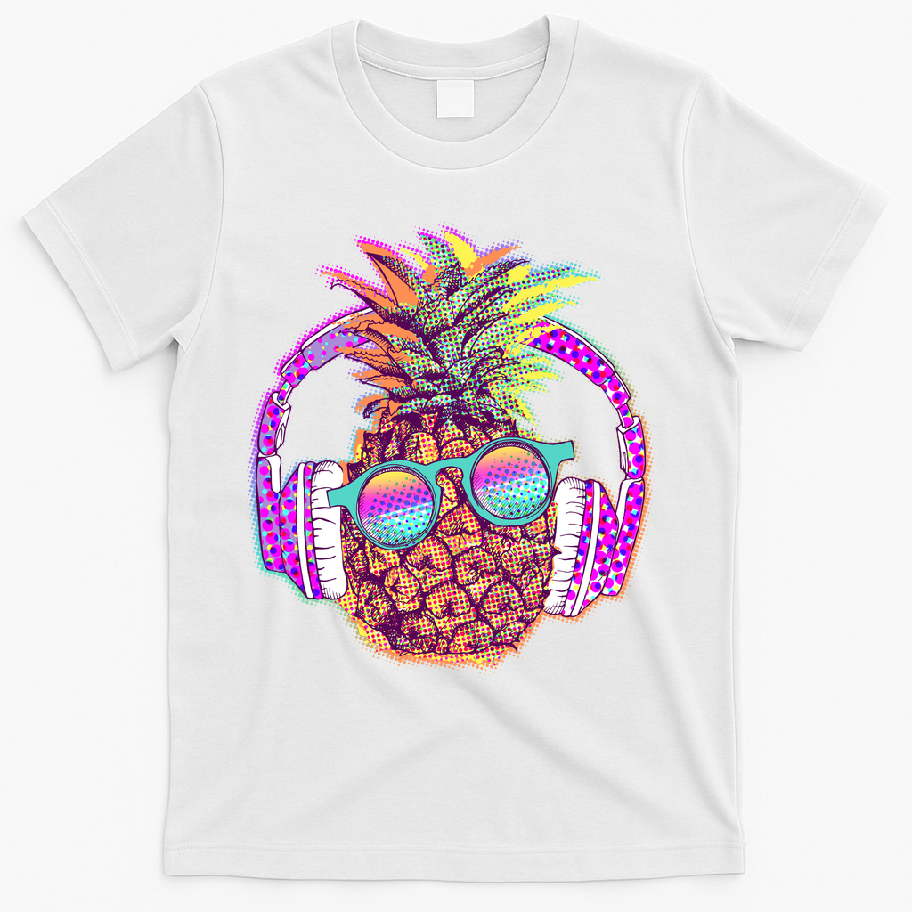 Pop Art Summer Time Headphones Pineapple T-Shirt - White