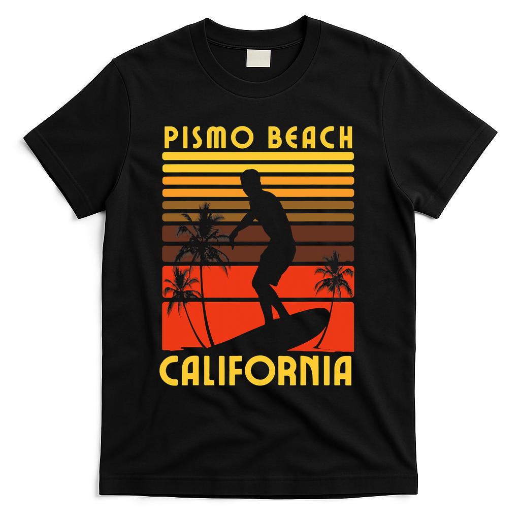 Pismo Beach California Surf Summer Vacation Vintage T-Shirt - Black