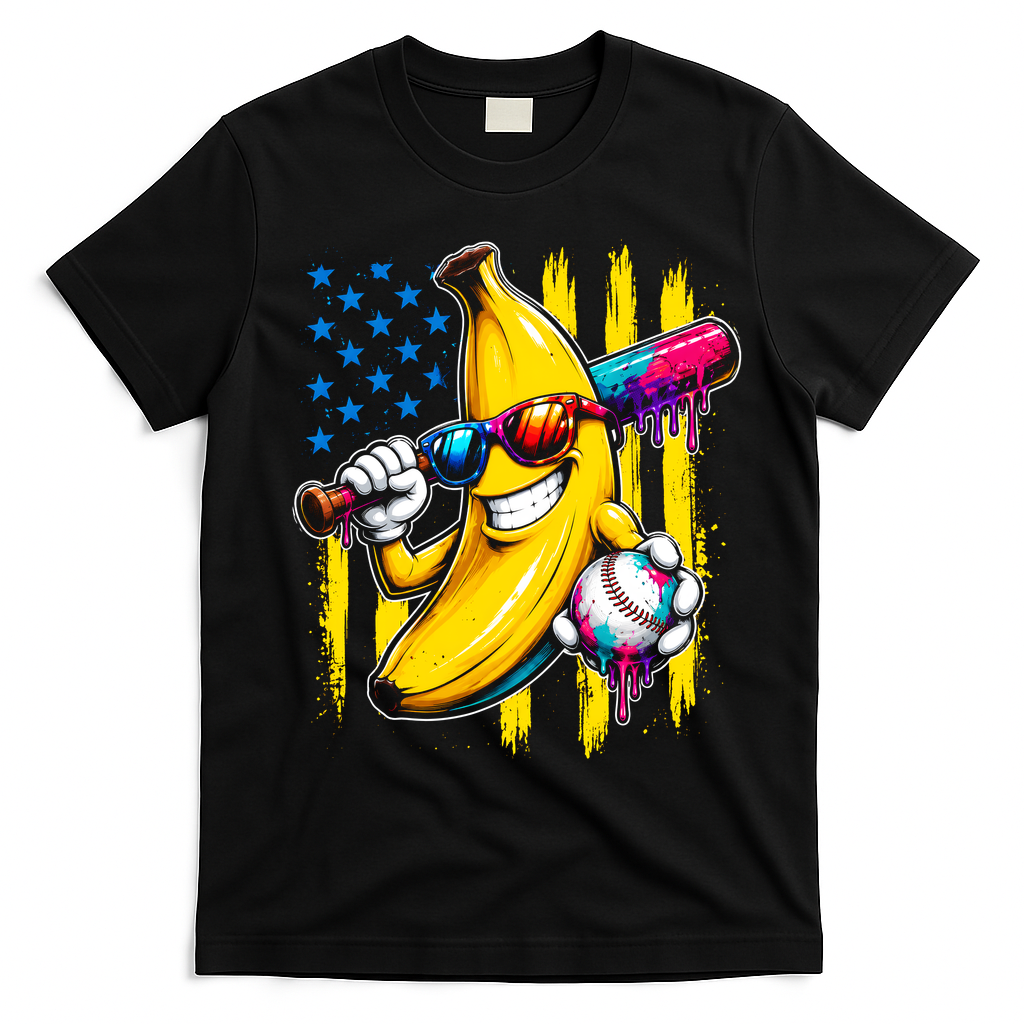 Patriotic Banana Characte Baseball American Flag T-Shirt - Black