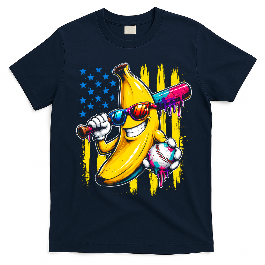 Patriotic Banana Characte Baseball American Flag T-Shirt - Navy Blue