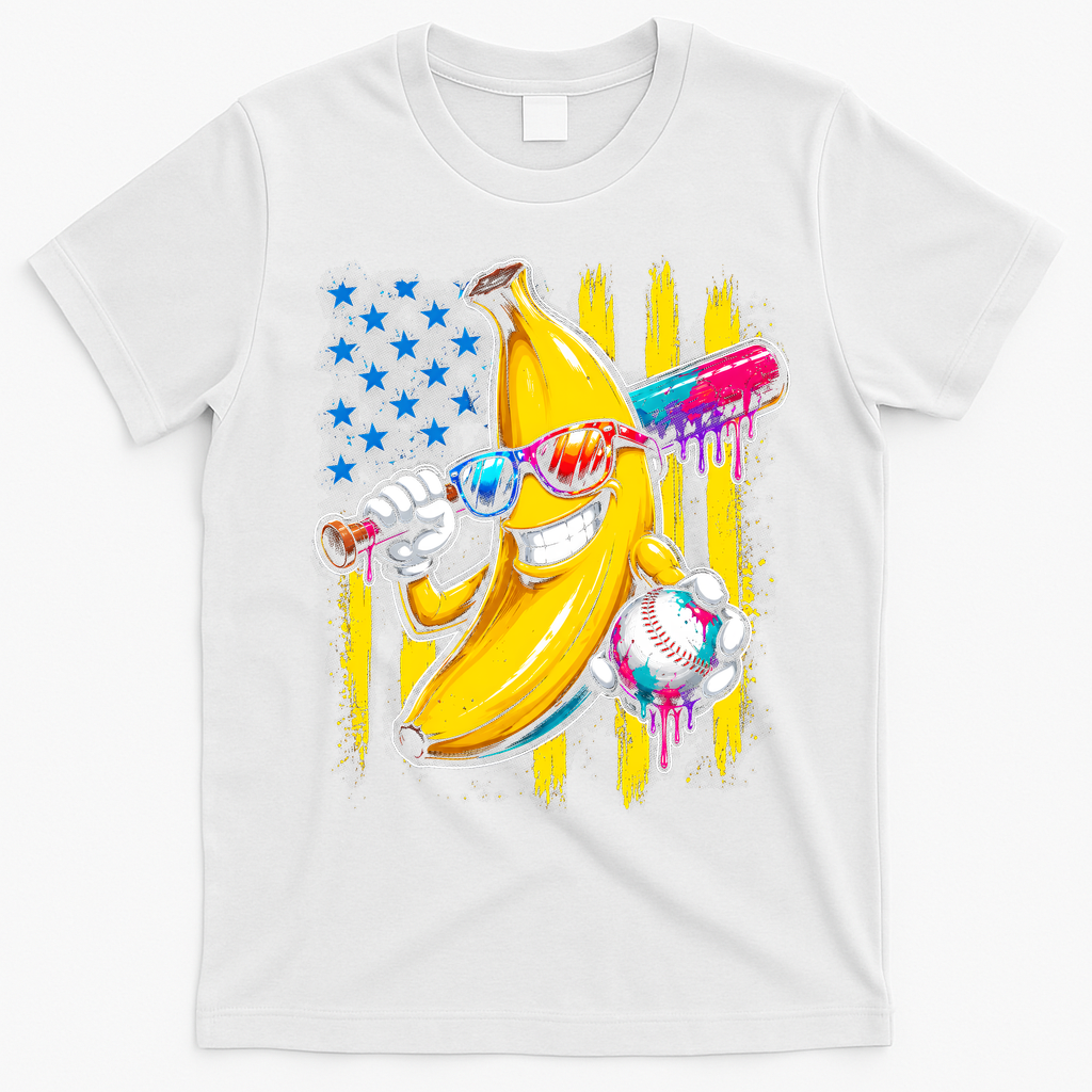 Patriotic Banana Characte Baseball American Flag T-Shirt - White