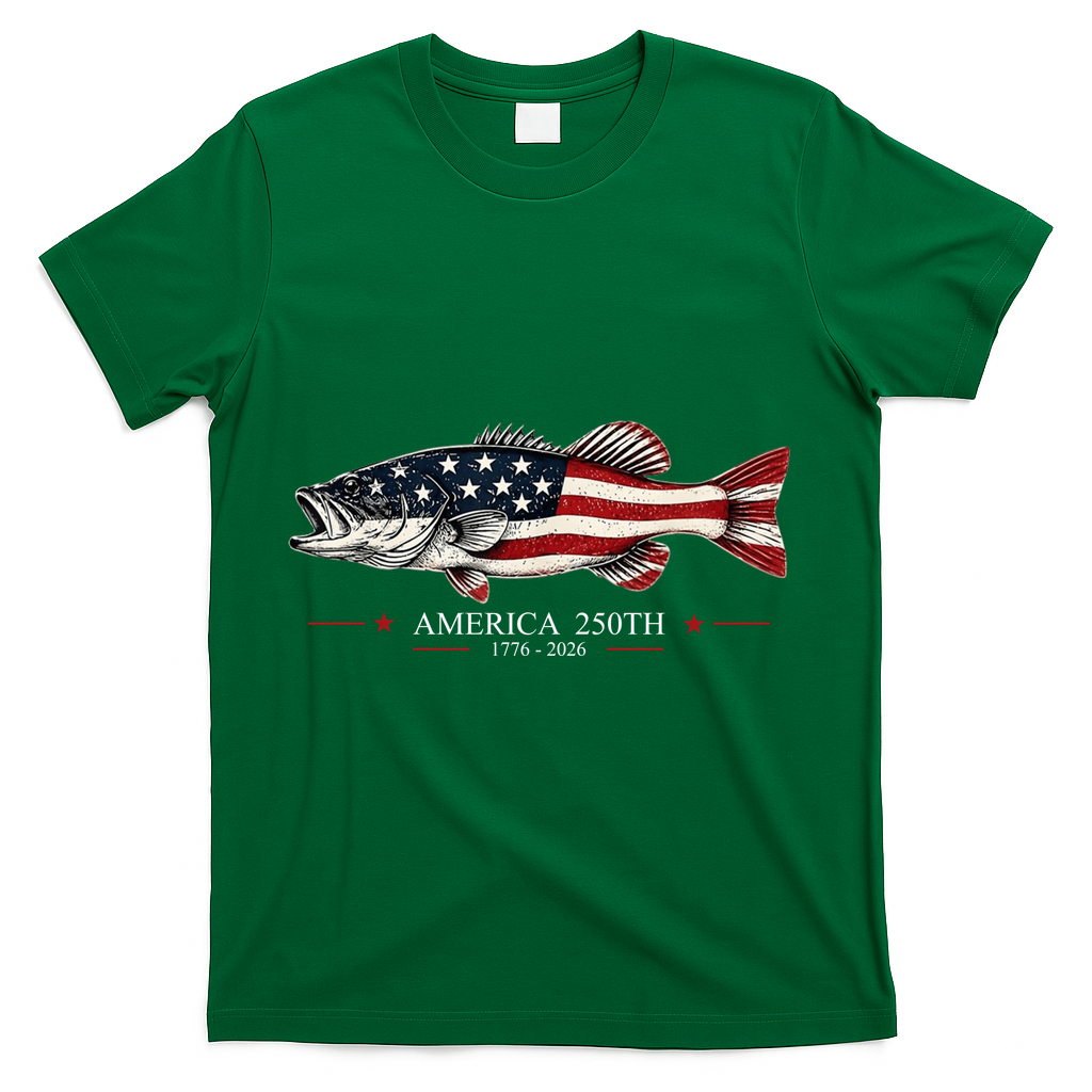 Patriotic Bass Fishing America's 250th Celebration 250 Years T-Shirt - Green