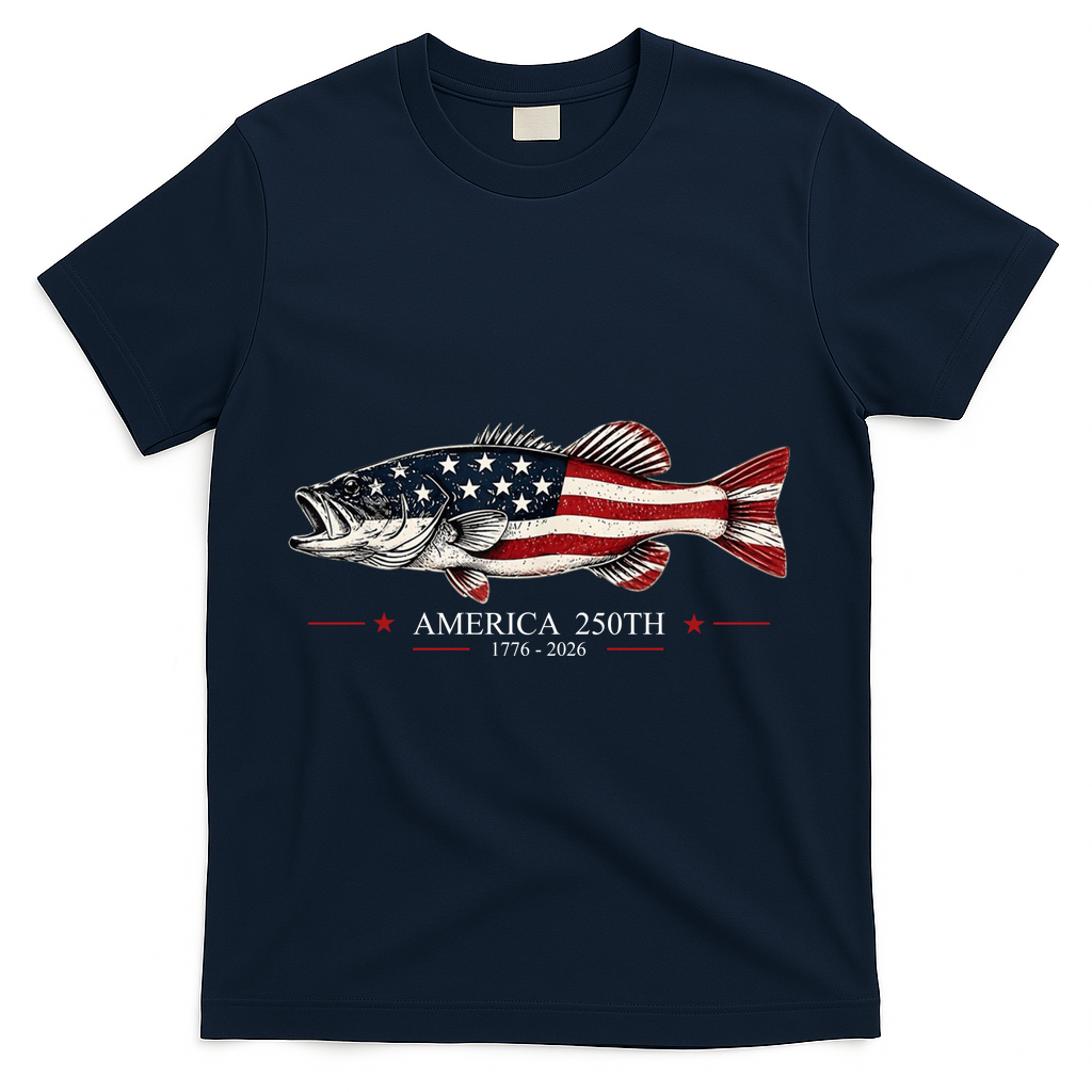 Patriotic Bass Fishing America's 250th Celebration 250 Years T-Shirt - Navy