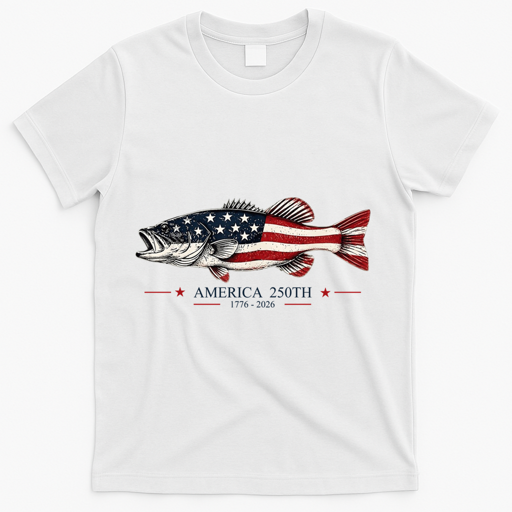 Patriotic Bass Fishing America's 250th Celebration 250 Years T-Shirt - White