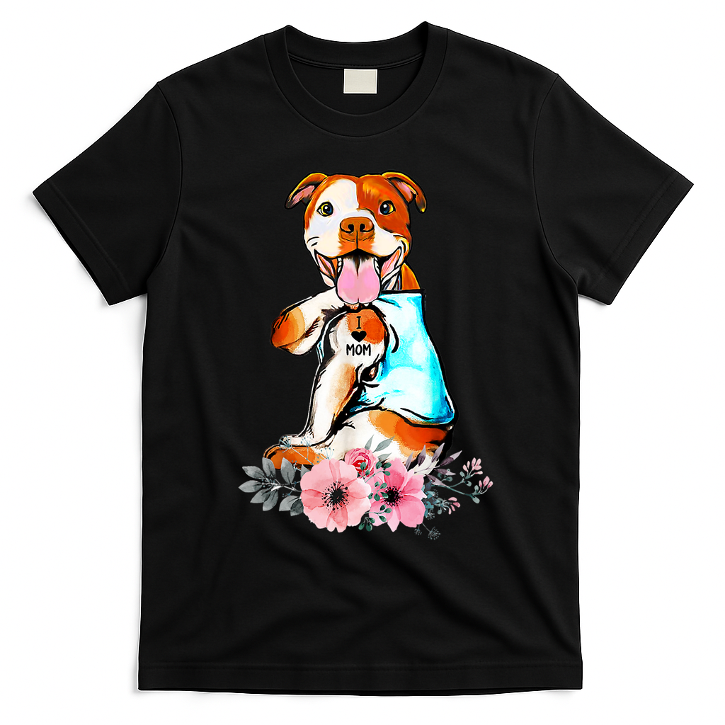 Pit Bull I Love Mom Tattoo Mother's Day Gift T-Shirt - Black
