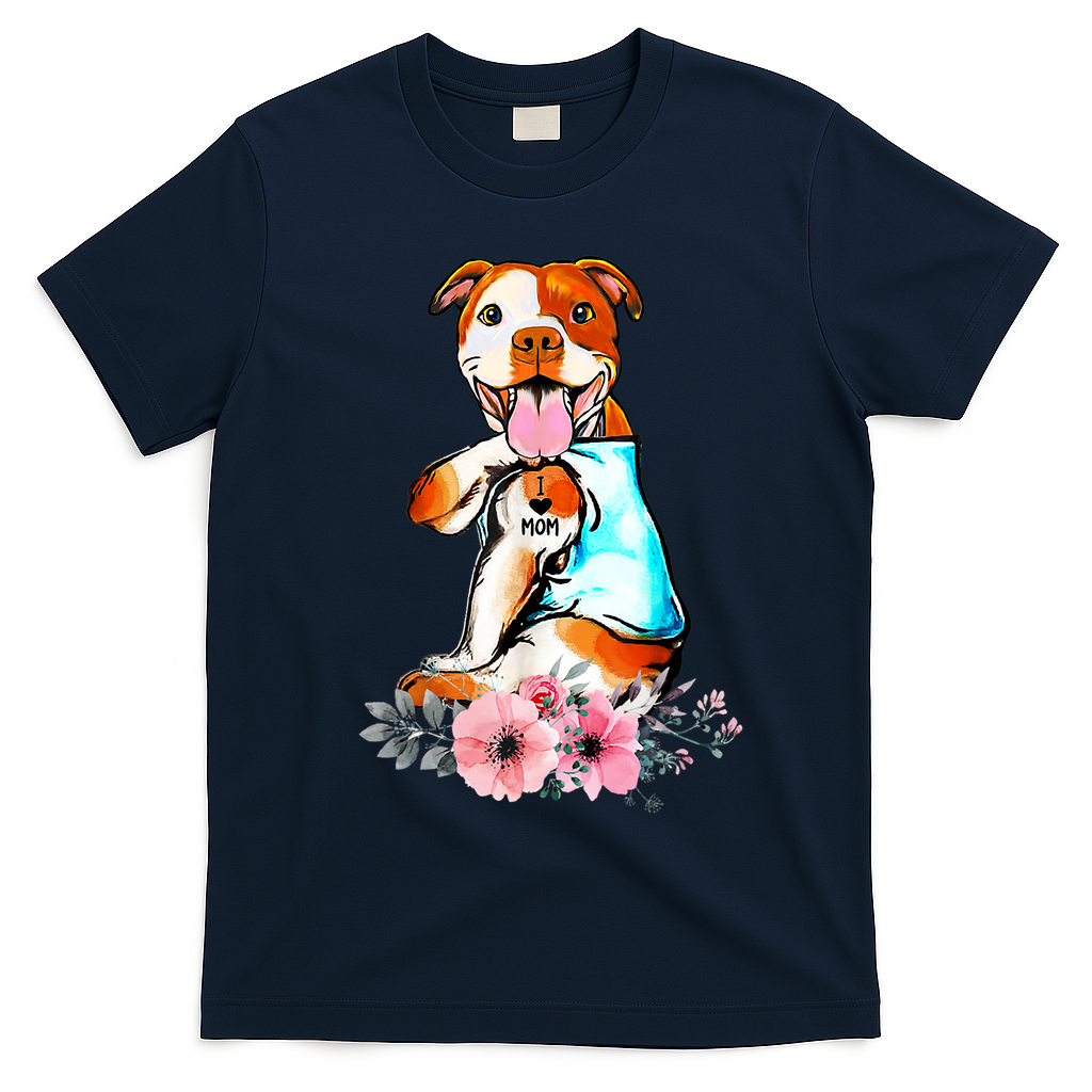Pit Bull I Love Mom Tattoo Mother's Day Gift T-Shirt - Navy Blue