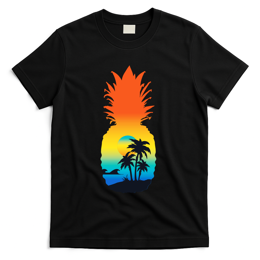Pineapple Summer Sunset Beach T-Shirt - Black