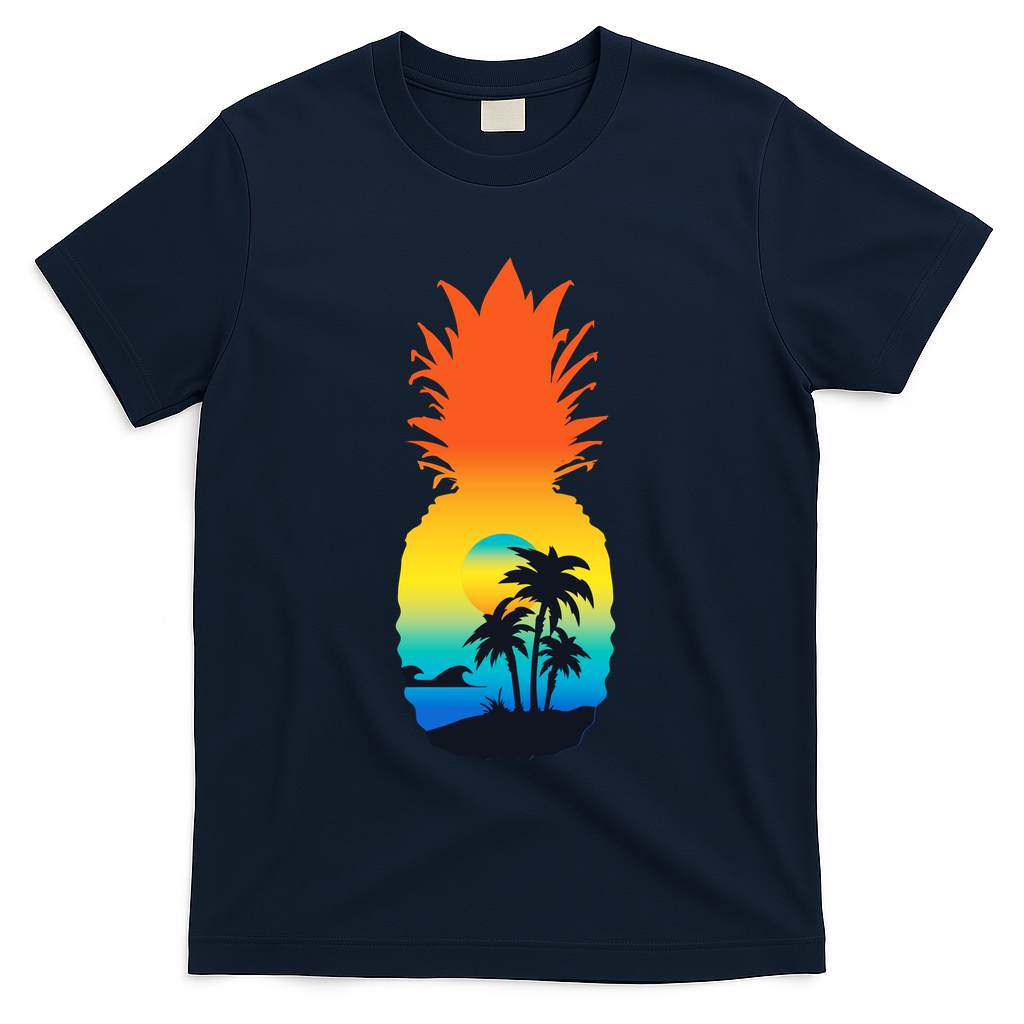 Pineapple Summer Sunset Beach T-Shirt - Navy