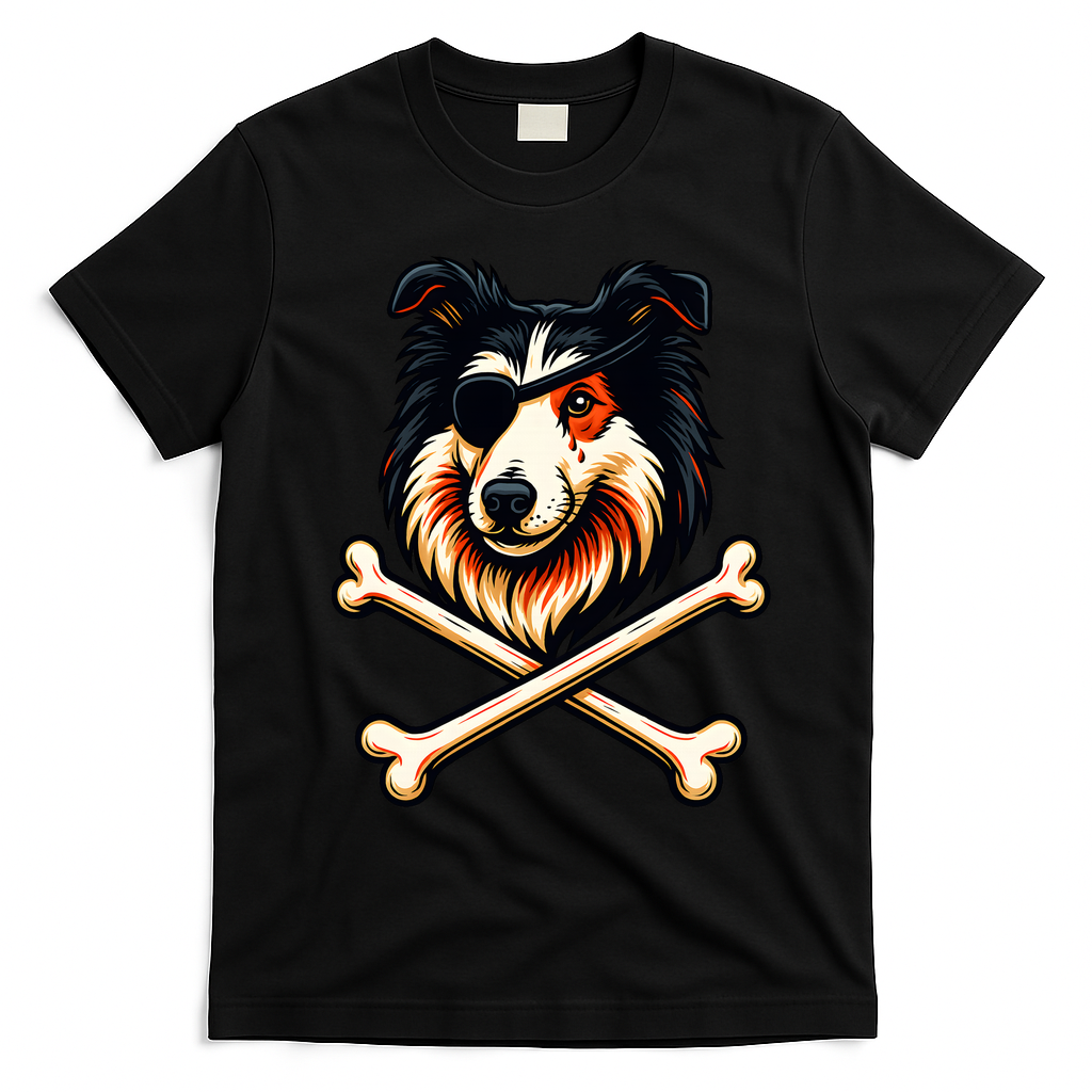 Pirate Collie Crossbones Cute Dog Funny T-Shirt - Black