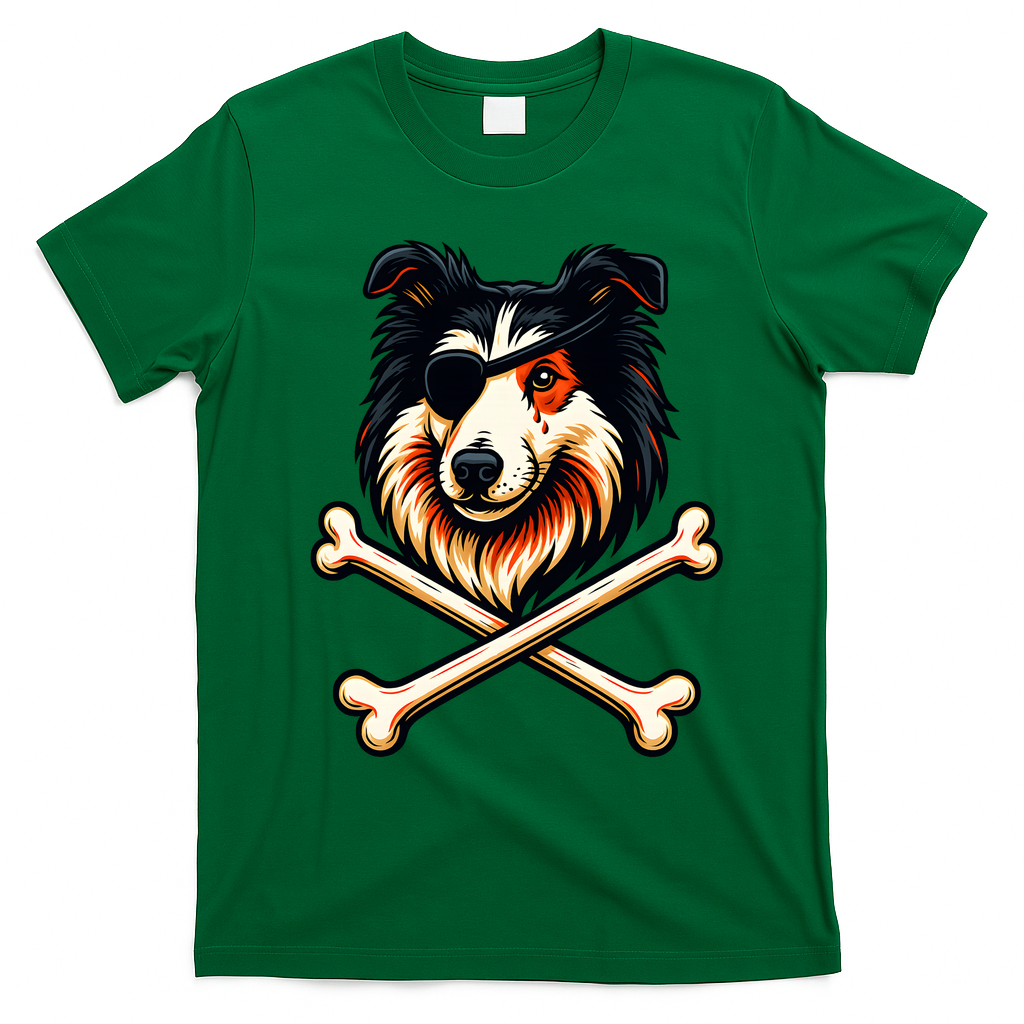 Pirate Collie Crossbones Cute Dog Funny T-Shirt - Irish Green