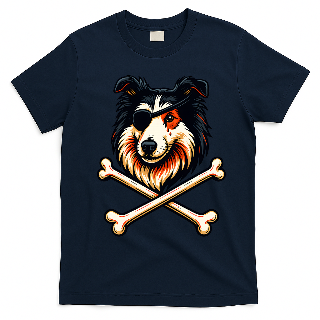 Pirate Collie Crossbones Cute Dog Funny T-Shirt - Navy Blue