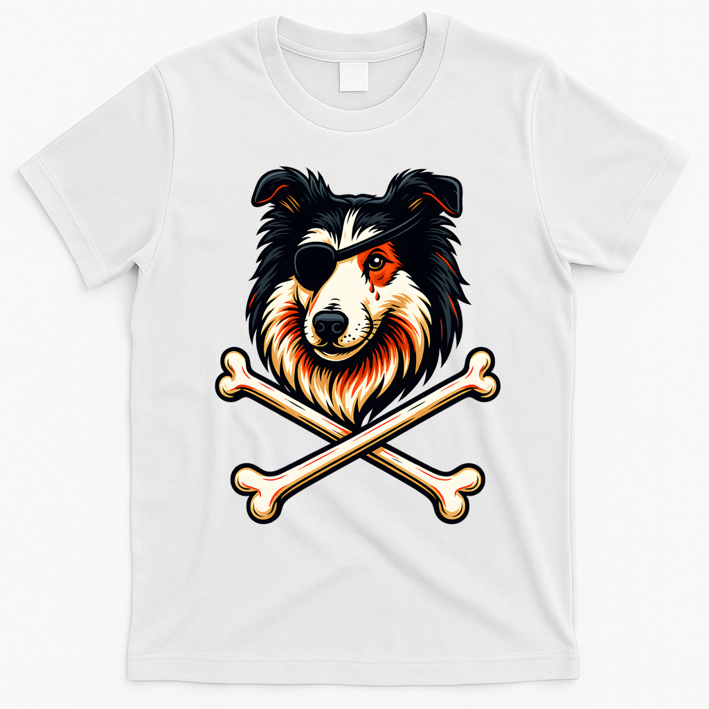 Pirate Collie Crossbones Cute Dog Funny T-Shirt - White