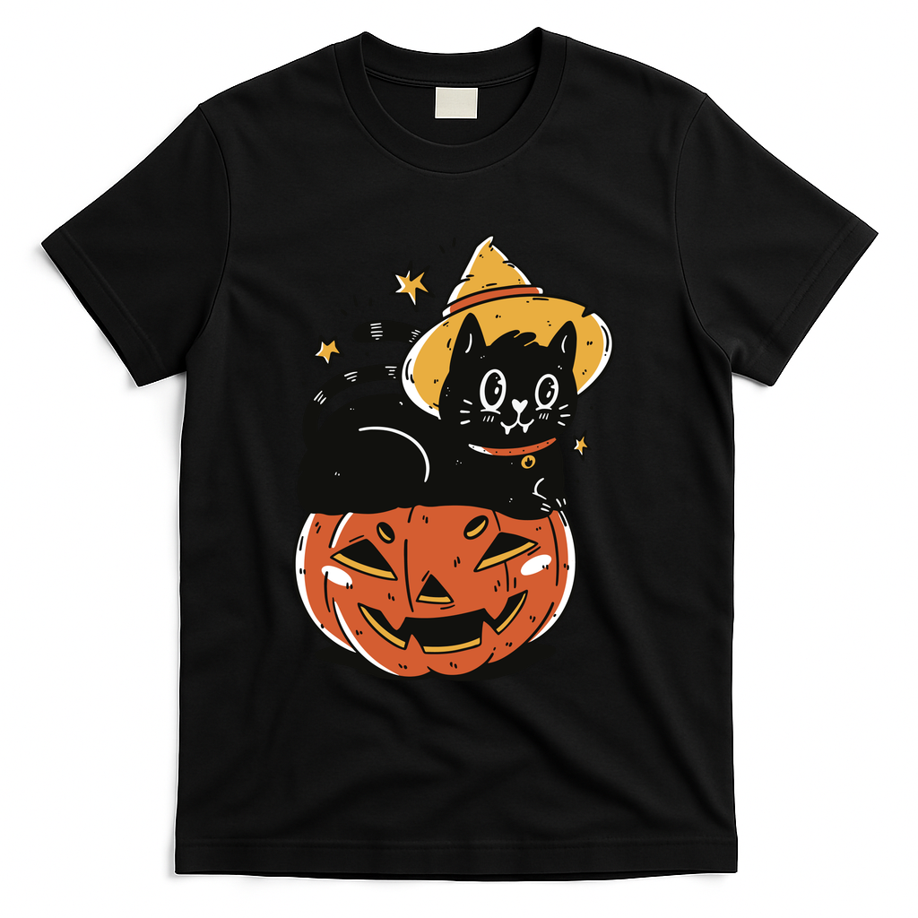 Pumpkin Cat Halloween Cute Festive T-Shirt - Black