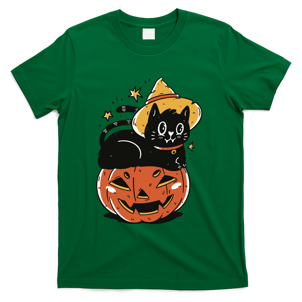 Pumpkin Cat Halloween Cute Festive T-Shirt - Green