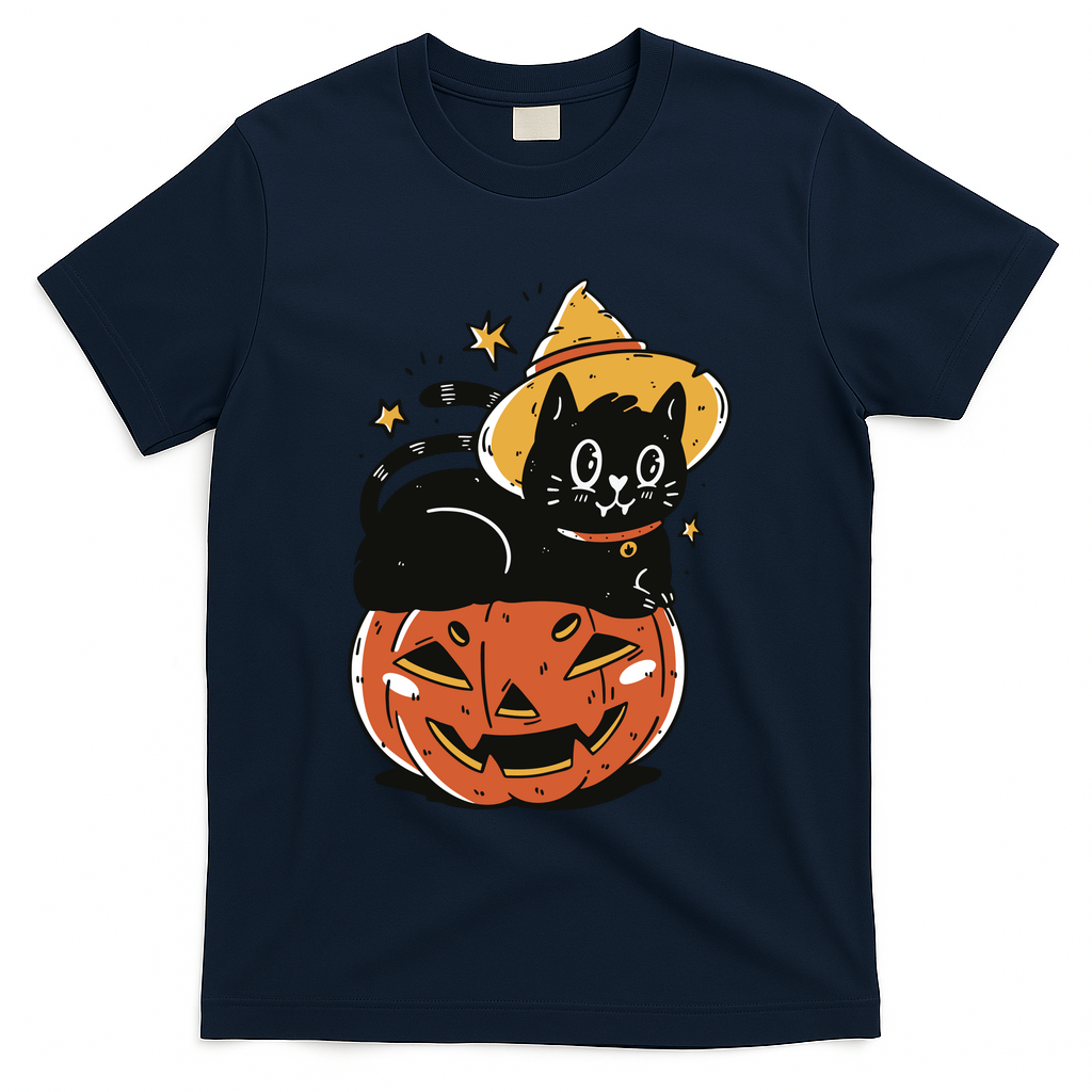 Pumpkin Cat Halloween Cute Festive T-Shirt - Navy