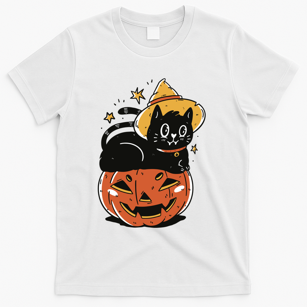 Pumpkin Cat Halloween Cute Festive T-Shirt - White