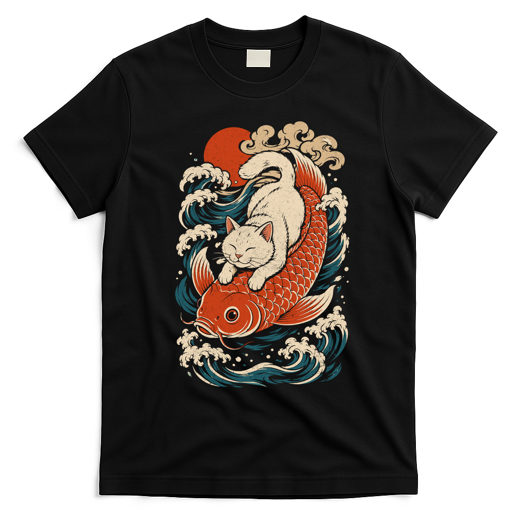 Playful Cat Riding a Koi Fish in Waves T-Shirt - Black