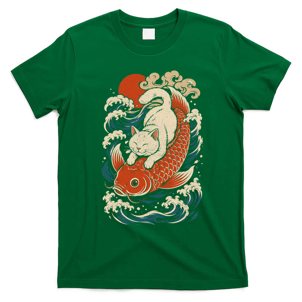 Playful Cat Riding a Koi Fish in Waves T-Shirt - Irish Green
