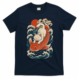 Playful Cat Riding a Koi Fish in Waves T-Shirt - Navy Blue